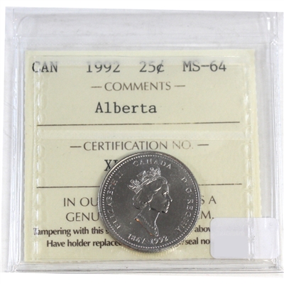 1992 Alberta Canada 25-cents ICCS Certified MS-64