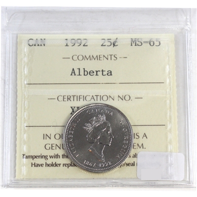 1992 Alberta Canada 25-cents ICCS Certified MS-65