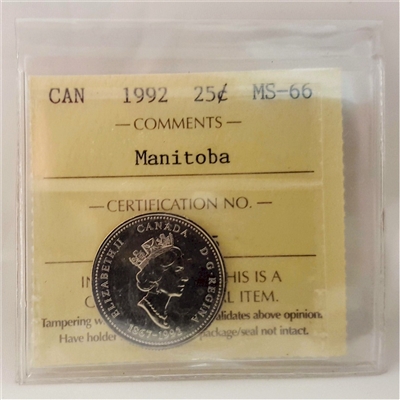 1992 Manitoba Canada 25-cents ICCS Certified MS-66