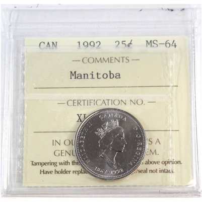 1992 Manitoba Canada 25-cents ICCS Certified MS-64