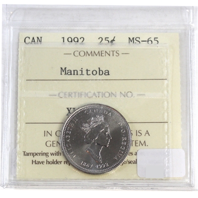 1992 Manitoba Canada 25-cents ICCS Certified MS-65