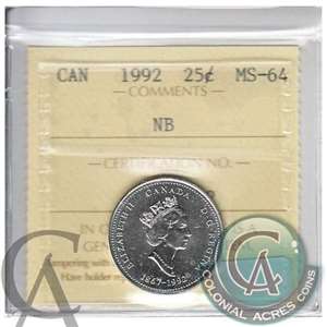 1992 New Brunswick Canada 25-cents ICCS Certified MS-64