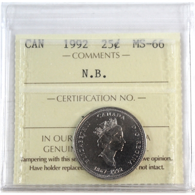 1992 New Brunswick Canada 25-cents ICCS Certified MS-66
