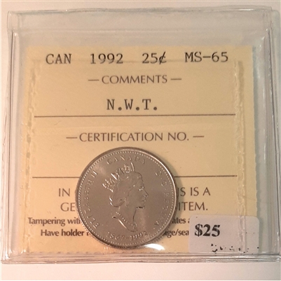 1992 Northwest Territories Canada 25-cents ICCS Certified MS-65