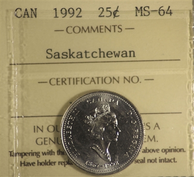 1992 Canada 25-cents ICCS Certified MS-64 Saskatchewan