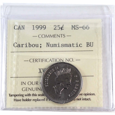 1999 Caribou Canada 25-cents ICCS Certified MS-66 Numismatic BU