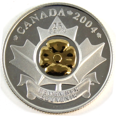 2004 Gold Plated Poppy Canada 25-cents Sterling Silver Proof