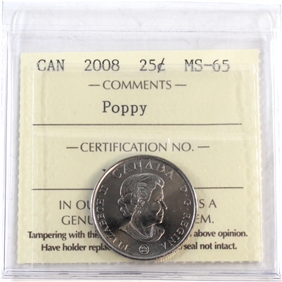 2008 Poppy Canada 25-cents ICCS Certified MS-65