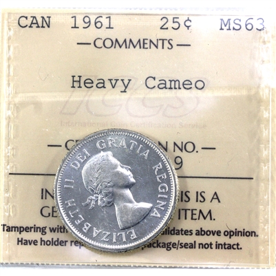 1961 Canada 25-cents ICCS Certified MS-63 Heavy Cameo