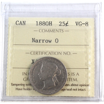 1880H Narrow O Canada 25-cents ICCS Certified VG-8