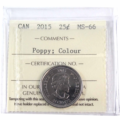 2015 Poppy Coloured Canada 25-cents ICCS Certified MS-66