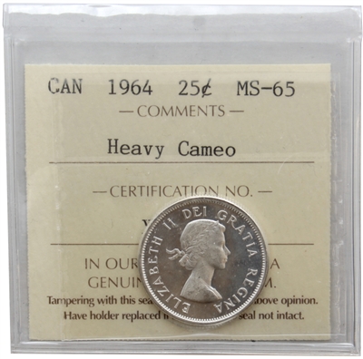 1964 Canada 25-cents ICCS Certified MS-65 Heavy Cameo