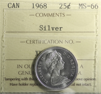 1968 Silver Canada 25-cents ICCS Certified MS-66
