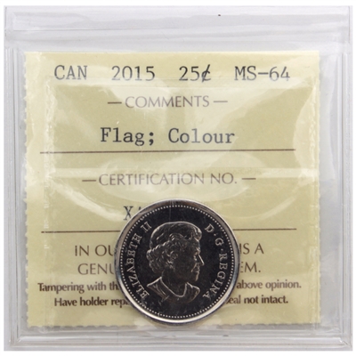 2015 Coloured Flag Canada 25-cents ICCS Certified MS-64