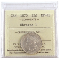 1870 Obv. 1 Canada 25-cents ICCS Certified EF-45