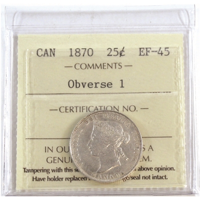 1870 Obv. 1 Canada 25-cents ICCS Certified EF-45