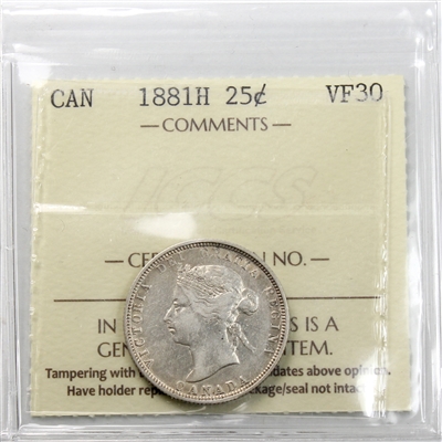 1881H Canada 25-cents ICCS Certified VF-30