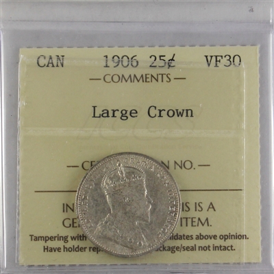 1906 Large Crown Canada 25-cents ICCS Certified VF-30