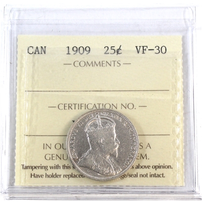 1909 Canada 25-cents ICCS Certified VF-30