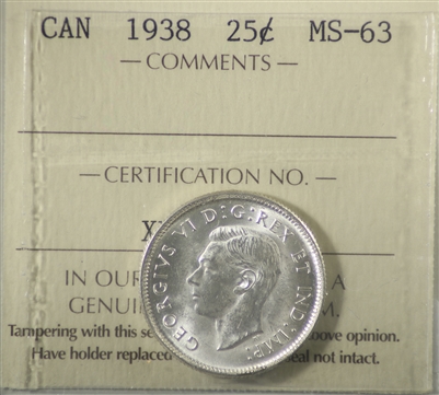 1938 Canada 25-cents ICCS Certified MS-63 (XUM 354)