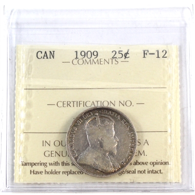 1909 Canada 25-cents ICCS Certified F-12