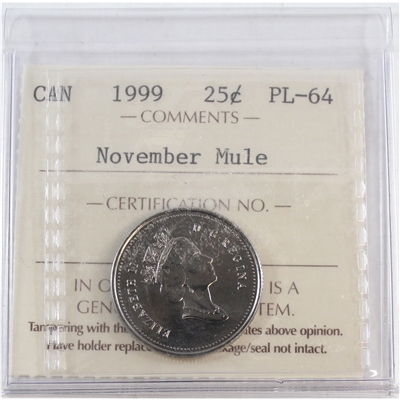 1999 November Mule Canada 25-cents ICCS Certified PL-64