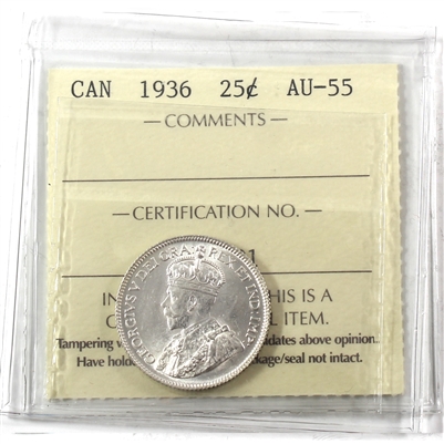 1936 Canada 25-cents ICCS Certified AU-55