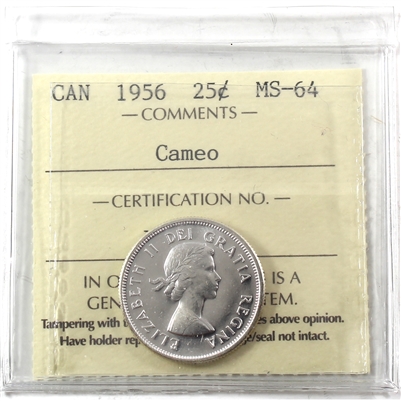 1956 Canada 25-cents ICCS Certified MS-64 Cameo