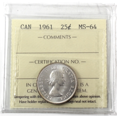 1961 Canada 25-cents ICCS Certified MS-64