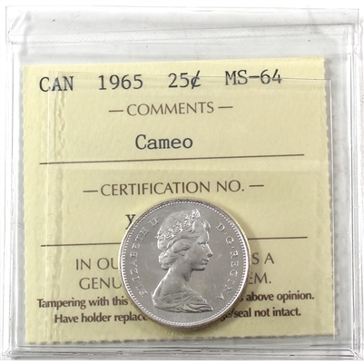 1965 Canada 25-cents ICCS Certified MS-64 Cameo