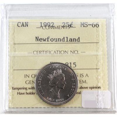 1992 Newfoundland Canada 25-cents ICCS Certified MS-66