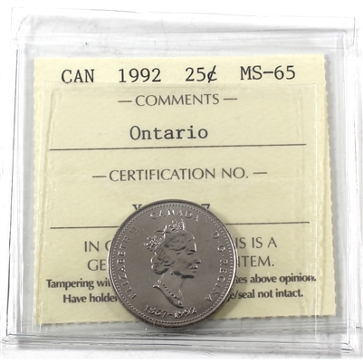 1992 Ontario Canada 25-cents ICCS Certified MS-65