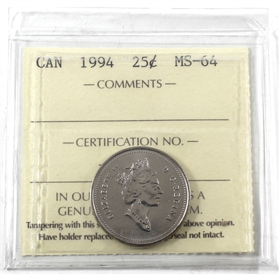 1994 Canada 25-cents ICCS Certified MS-64