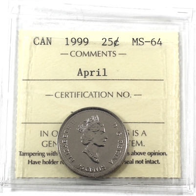 1999 April Canada 25-cents ICCS Certified MS-64