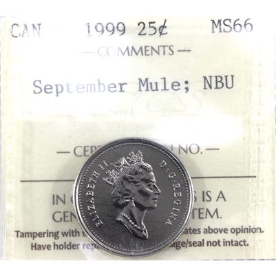 1999 September Mule Canada 25-cents ICCS Certified MS-66 NBU