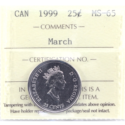 1999 March Canada 25-cents ICCS Certified MS-65