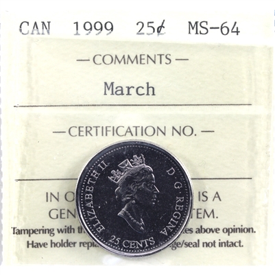 1999 March Canada 25-cents ICCS Certified MS-64