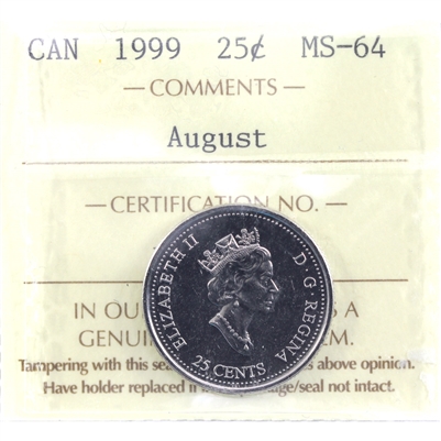 1999 August Canada 25-cents ICCS Certified MS-64