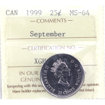 1999 September Canada 25-cents ICCS Certified MS-64