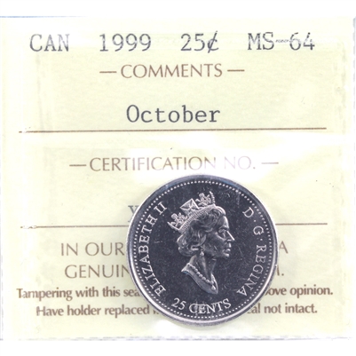 1999 October Canada 25-cents ICCS Certified MS-64