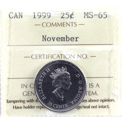 1999 November Canada 25-cents ICCS Certified MS-65