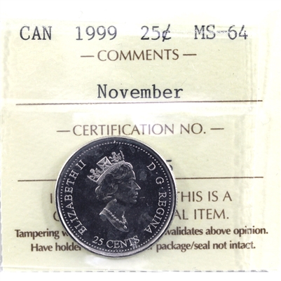 1999 November Canada 25-cents ICCS Certified MS-64