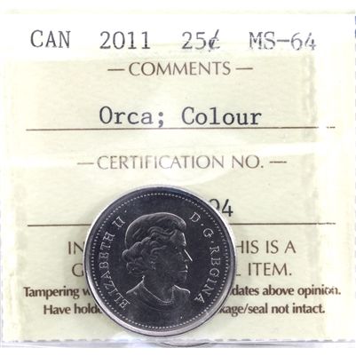 2011 Orca Coloured Canada 25-cents ICCS Certified MS-64