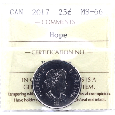 2017 150th (Hope) Canada 25-cents ICCS Certified MS-66