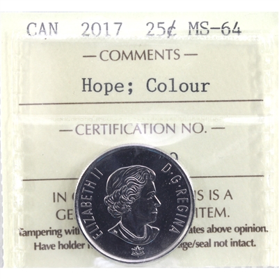 2017 150th (Hope) Coloured Canada 25-cents ICCS Certified MS-64