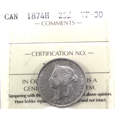 1874H Canada 25-cents ICCS Certified VF-30