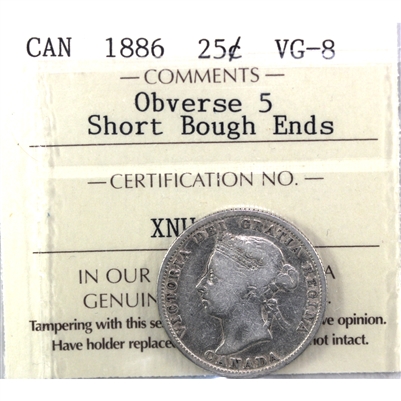 1886 Short Bough, Obv. 5 Canada 25-cents ICCS VG-8