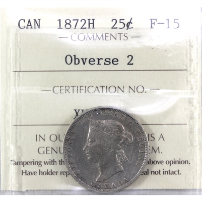 1872H Obv. 2 Canada 25-cents ICCS Certified F-15