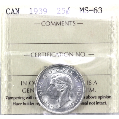 1939 Canada 25-cents ICCS Certified MS-63 (XHX 154)