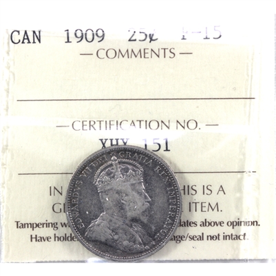 1909 Canada 25-cents ICCS Certified F-15